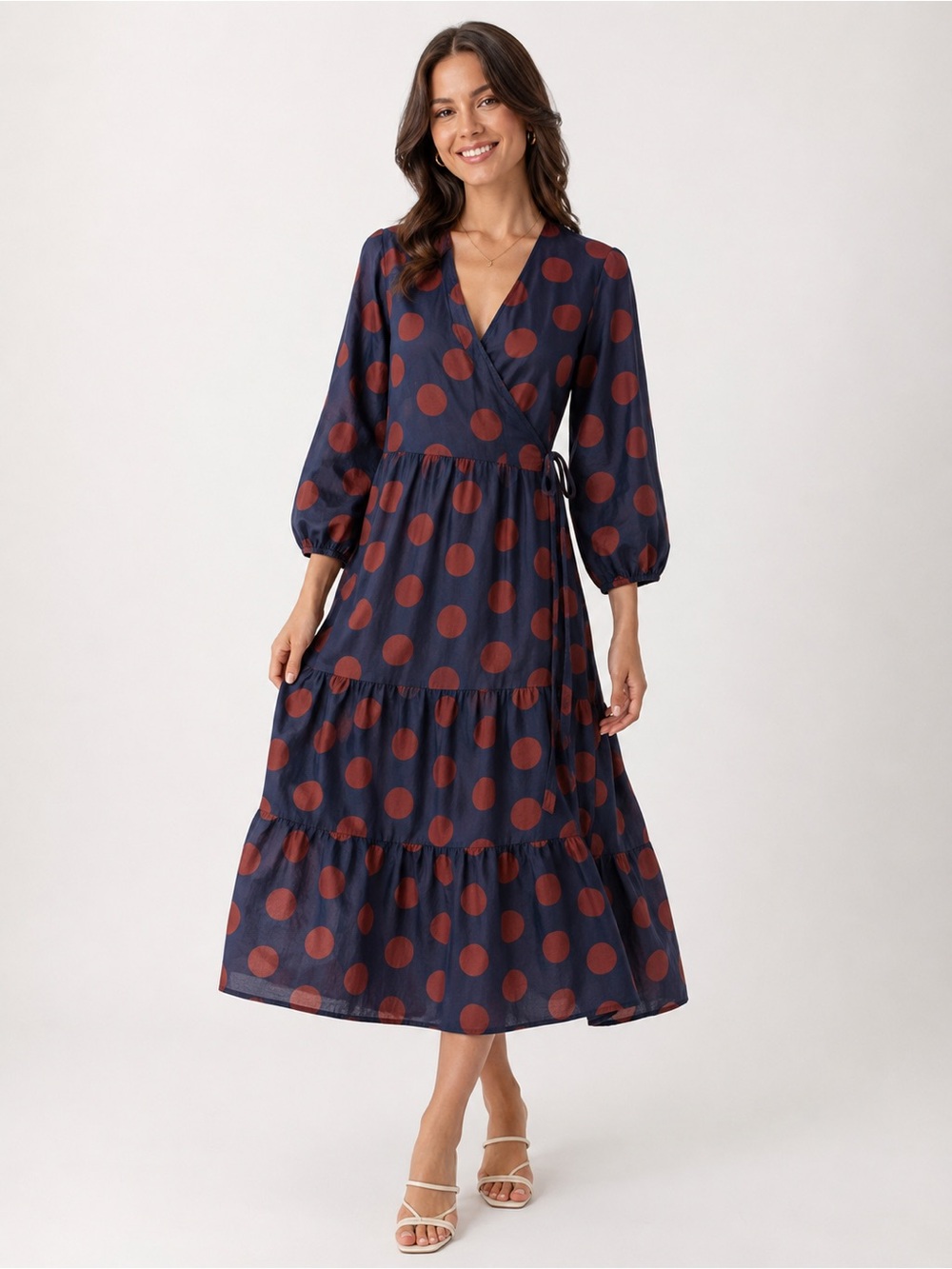 Sea New York Navy Large Polka Dot Print Puff-Sleeve Wrap Dress Size 2